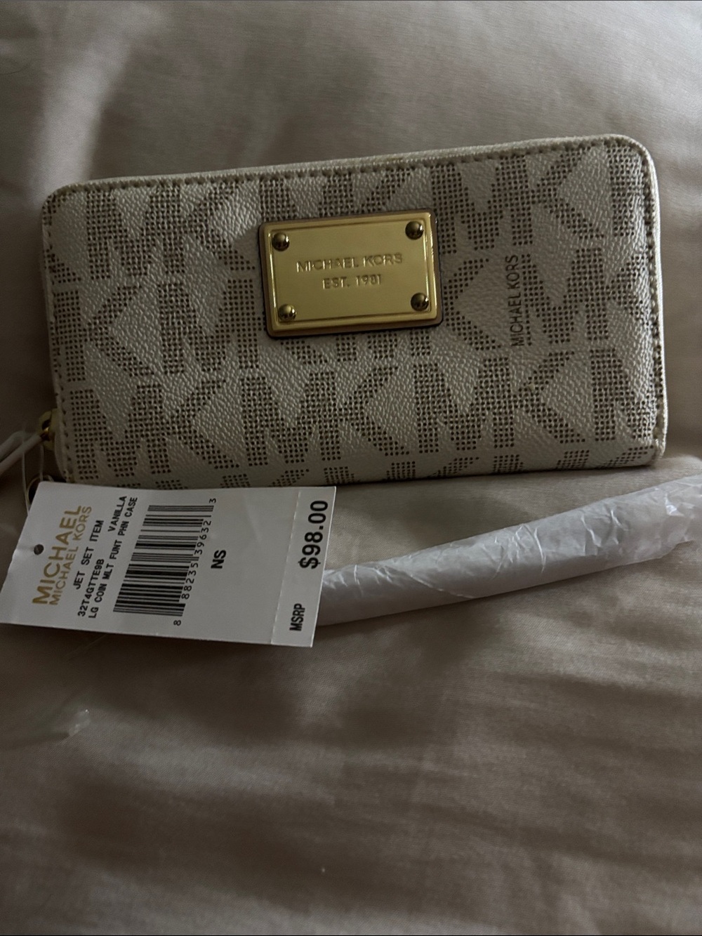 Michael Kors Beige MK Logo Zip-Around Wallet with Gold Plate